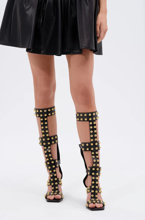 Street Fashion Dress - Women's Black Gladiator Sandals Gold Studs