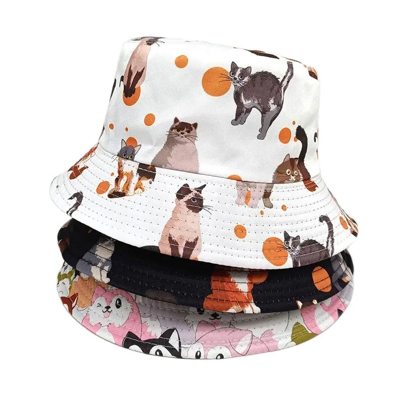 Bucket Hat Embroidered - 2024 Four Seasons Polyester Cartoon Cat