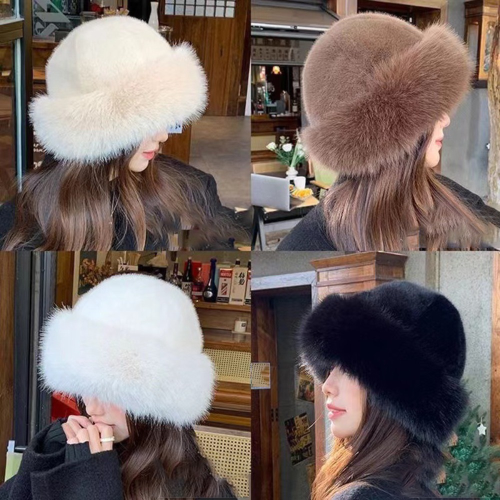 Bucket Hat Embroidered - Women's Fluffy Fur Bucket Hat Plush