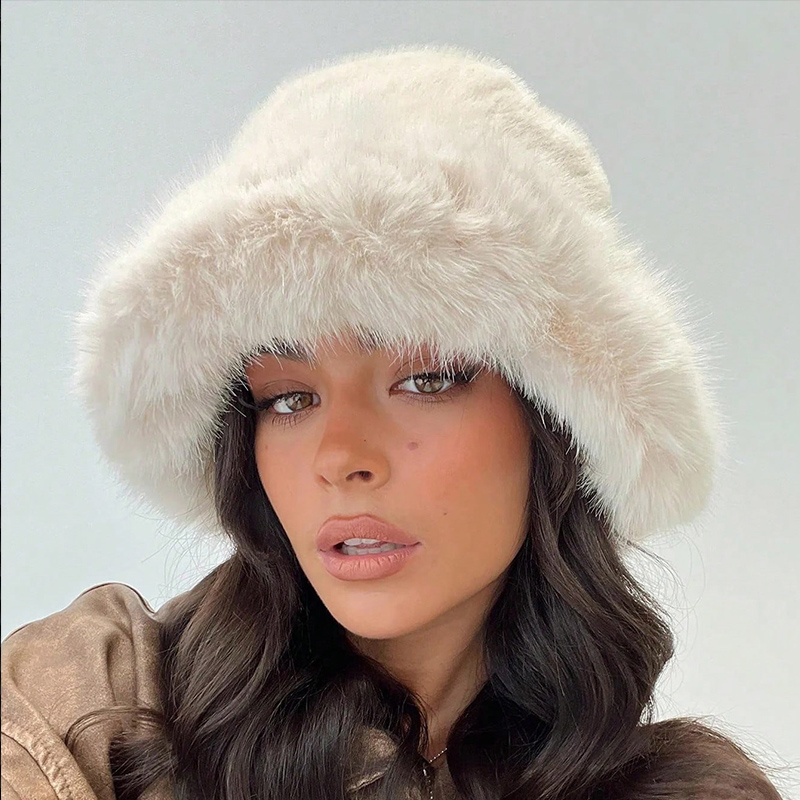 Bucket Hat Embroidered - Women's Fuzzy Wide Brim Faux Fur