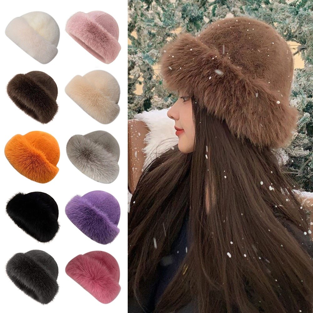 Bucket Hat Embroidered - New Fluffy Fur Winter Hat Solid