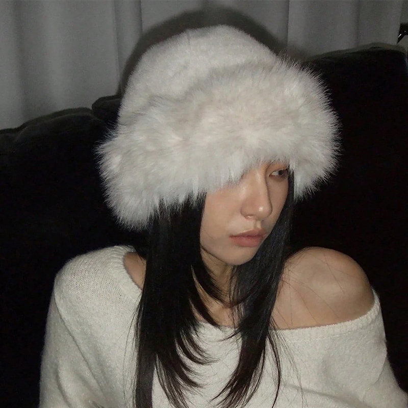 Women's Fuzzy Wide Brim Faux F - Bucket Hat Embroidered 评论和价格