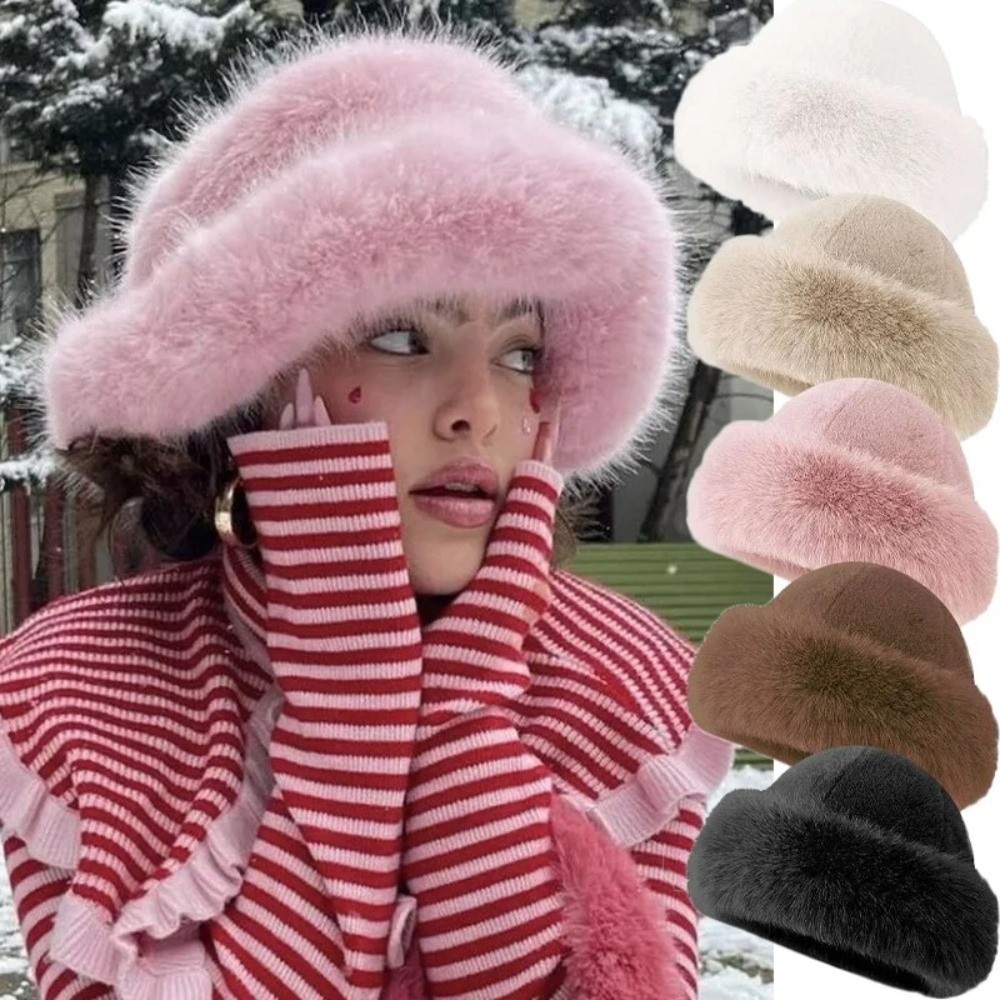 New Fluffy Fur Winter Hat Soli - Bucket Hat Embroidered 评论和价格
